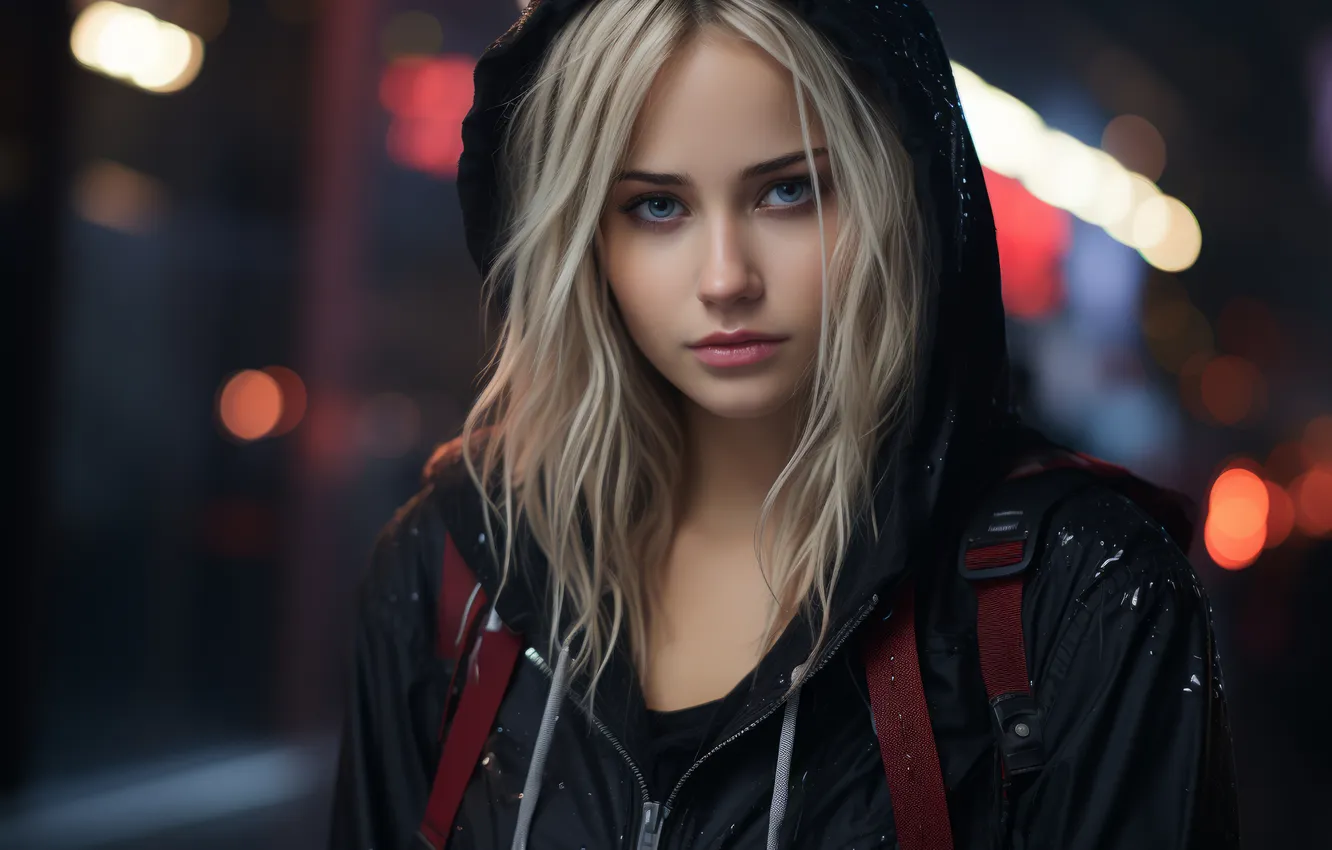 Photo wallpaper look, girl, drops, night, face, the city, lights, rain