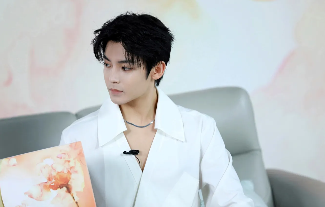 Photo wallpaper microphone, white jacket, Hou Ming Hao