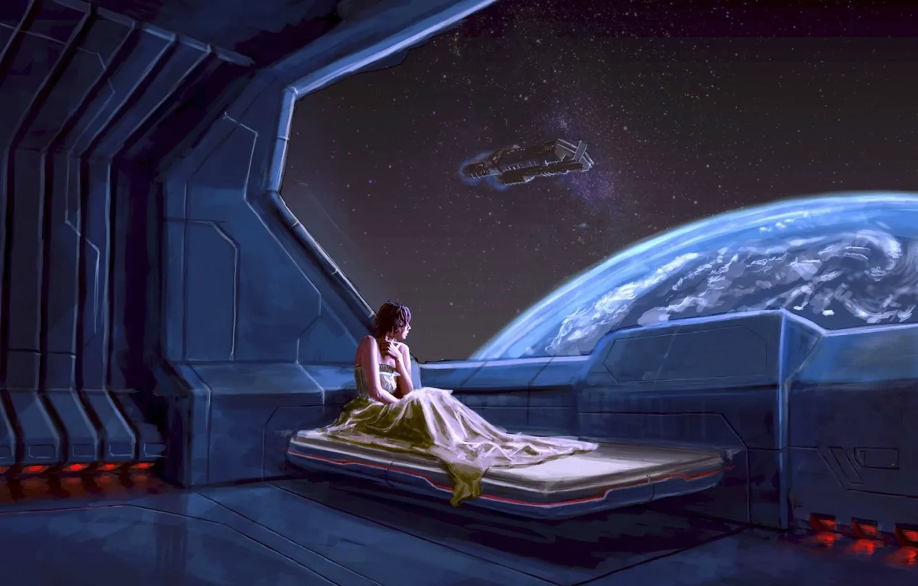 Photo wallpaper stars, future, woman, ship, planet, Earth, the window, on the bed