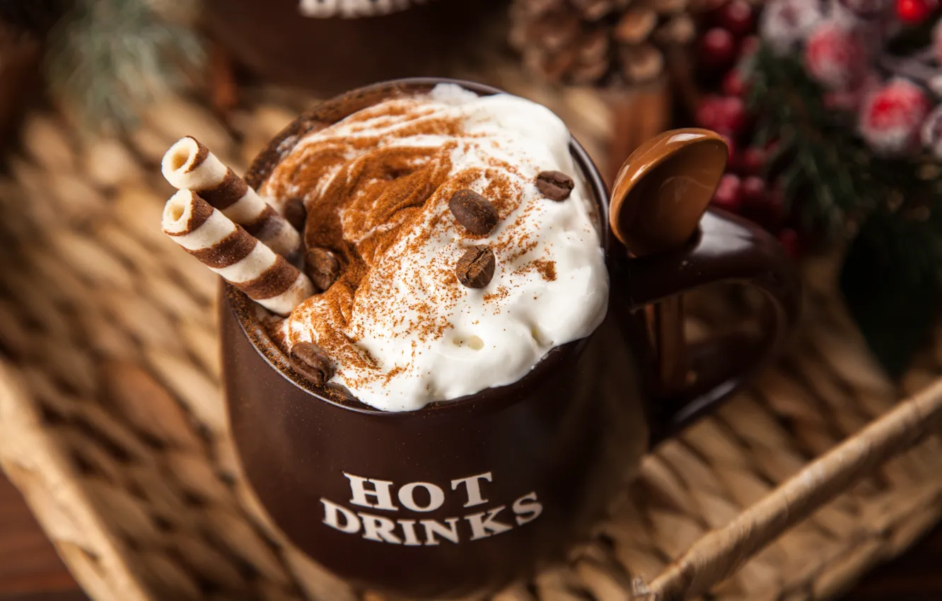Photo wallpaper coffee, chocolate, cream, Cup, hot, cinnamon, cup, drink
