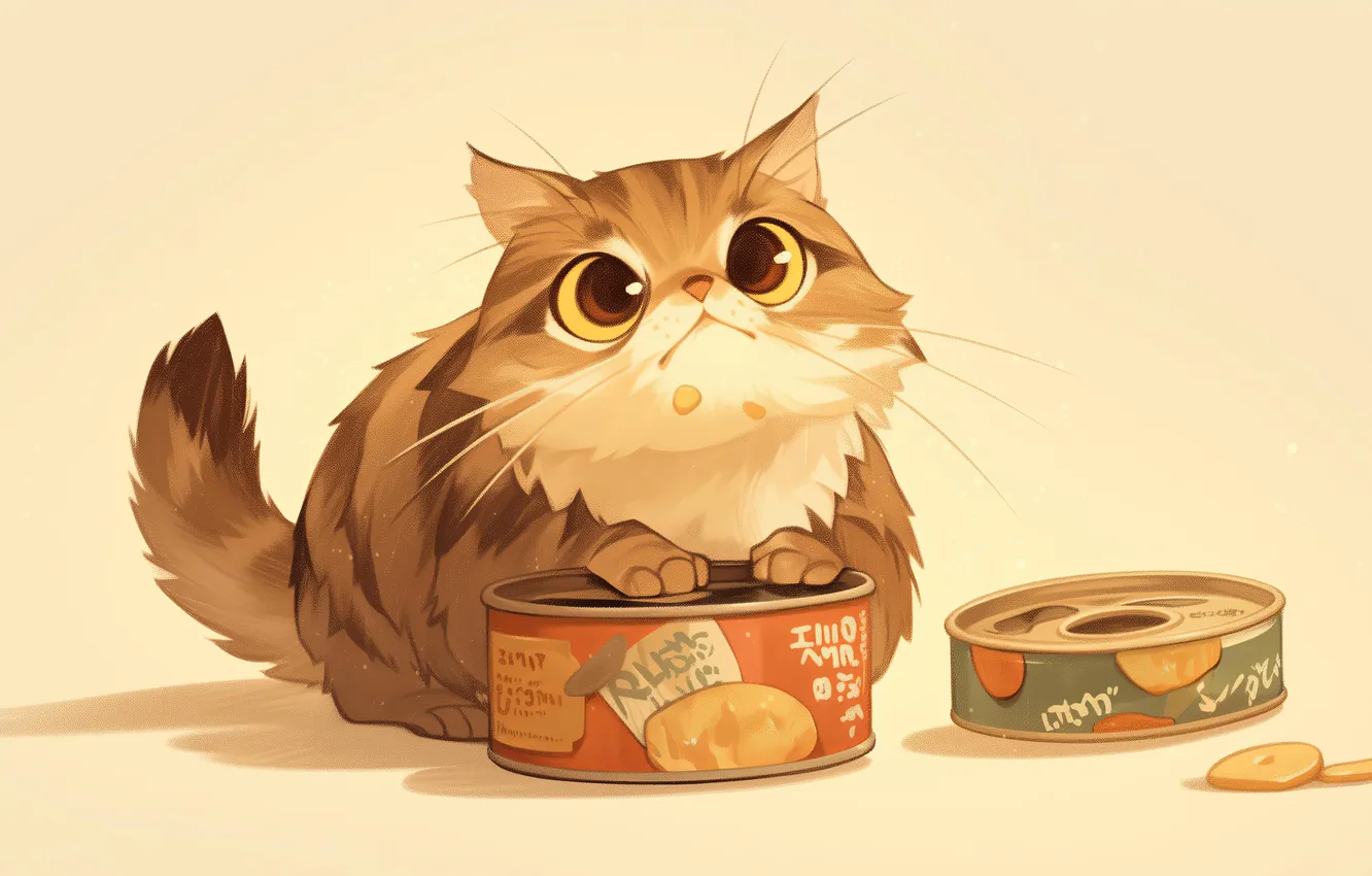 Photo wallpaper animals, food, cats, Illustration, yellow eyes, closeup, simple background, whiskers