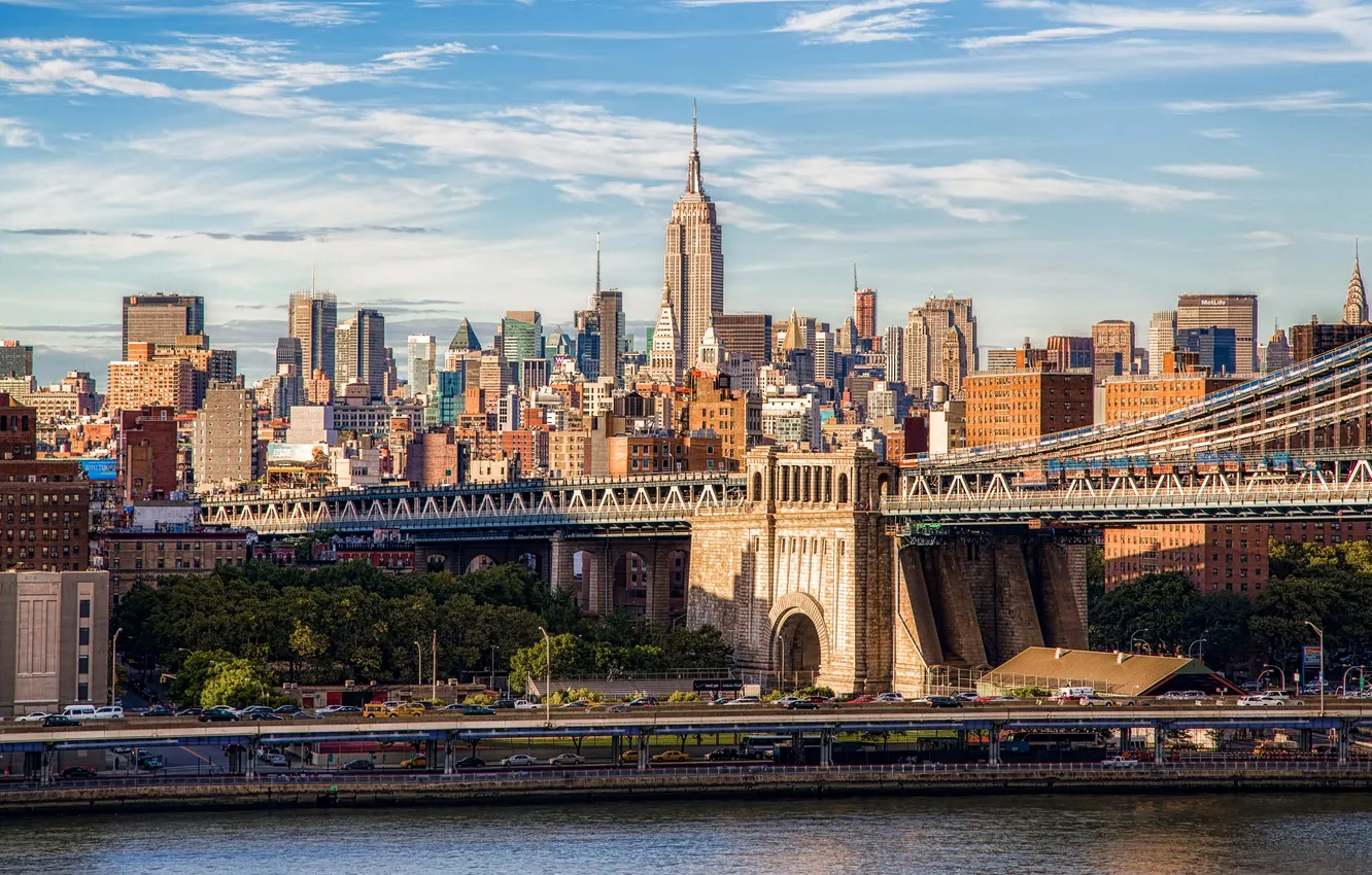 Photo wallpaper city, USA, coast, Manhattan, Empire State Building, Manhattan Bridge, New-York, East River
