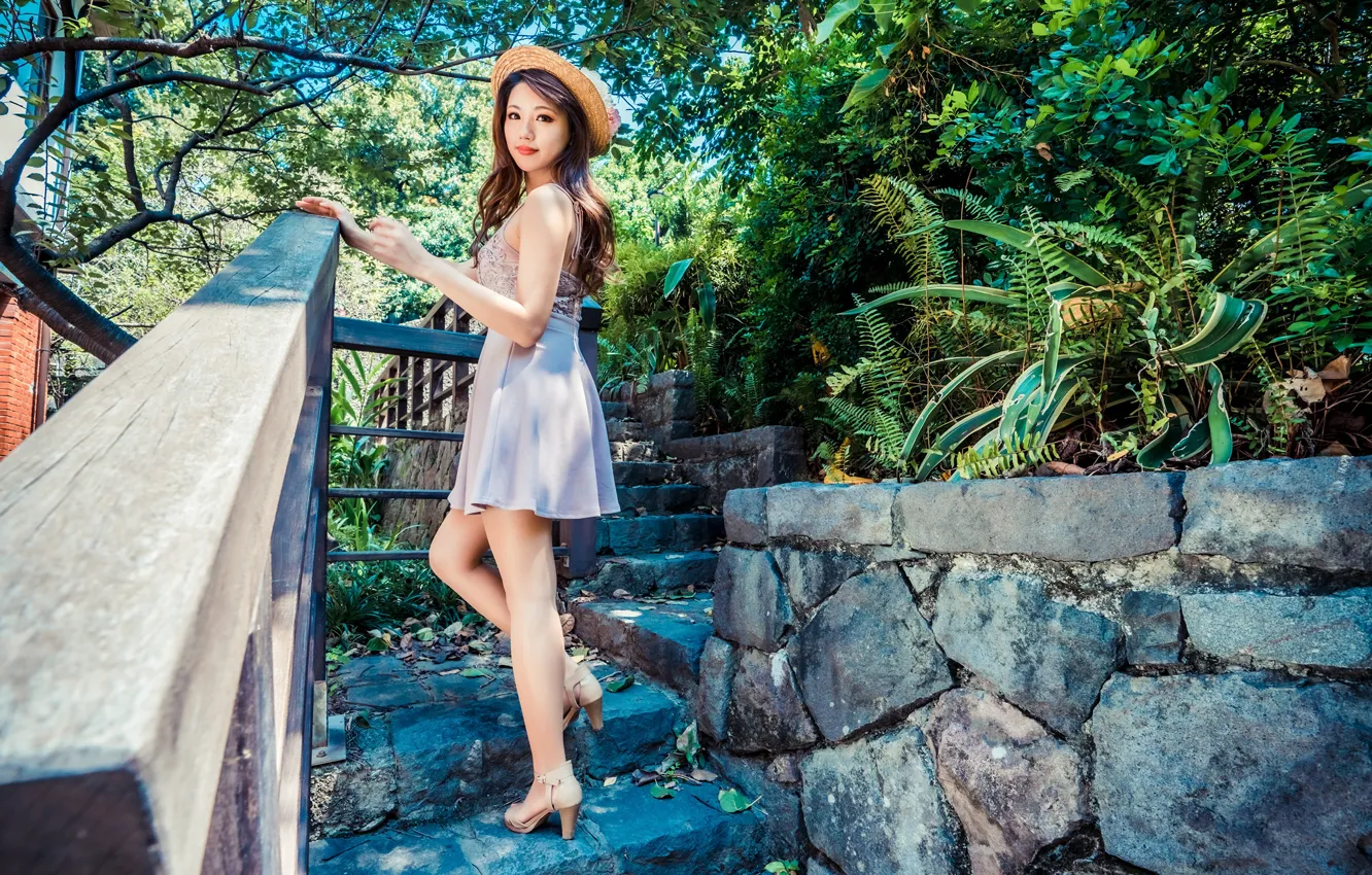 Photo wallpaper look, the sun, trees, pose, model, skirt, portrait, hat