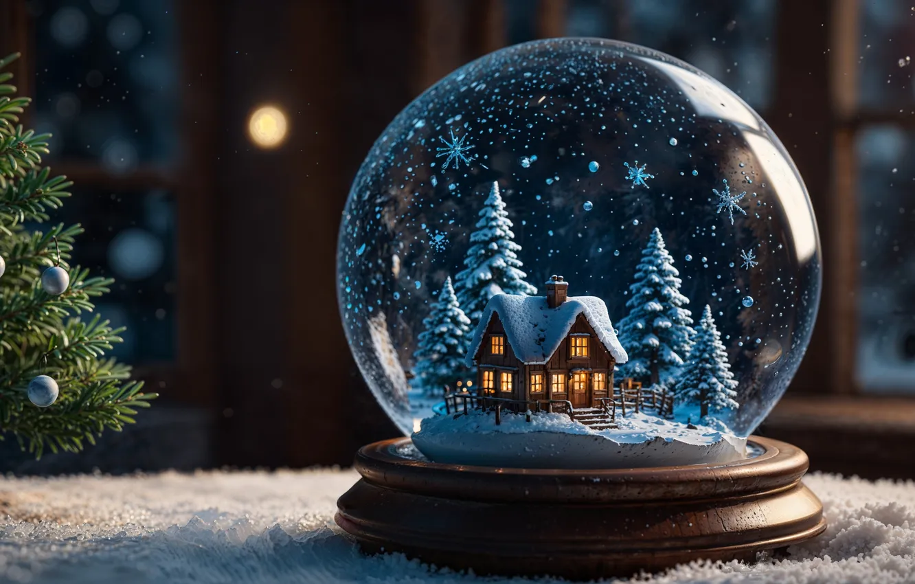 Photo wallpaper night, lights, new year, Christmas, herringbone, snowfall, snow globe, AI art