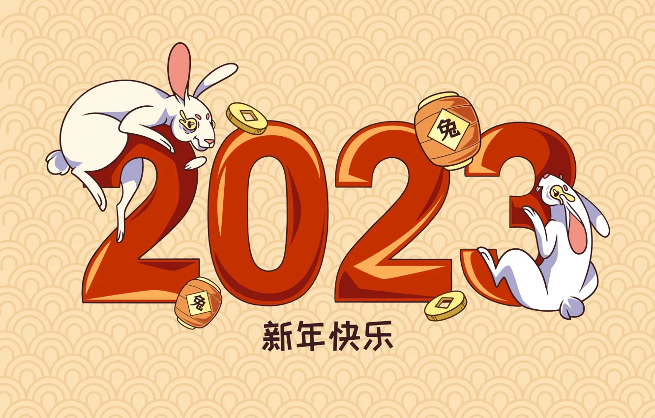 Photo wallpaper red, pose, pattern, graphics, new year, hare, money, rabbit