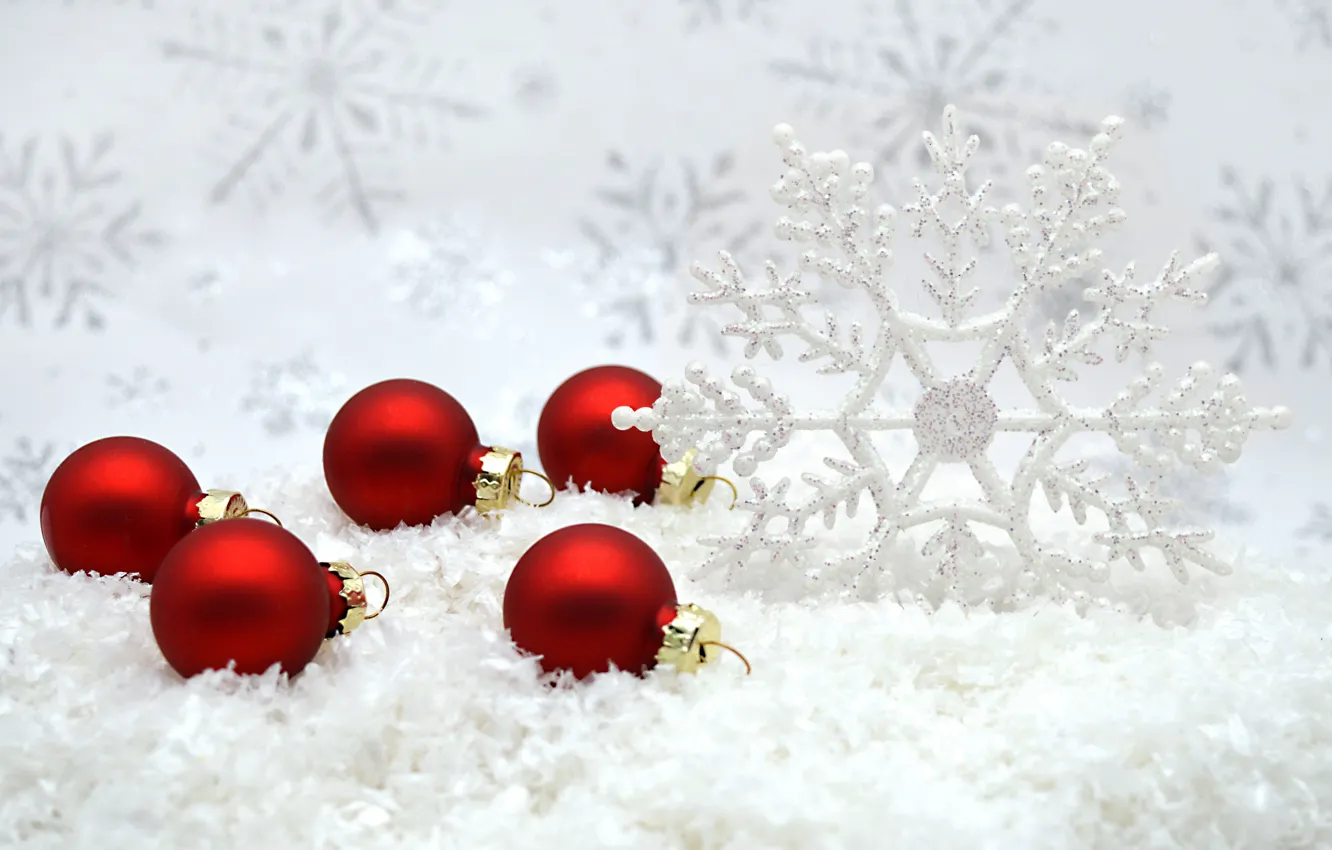 Photo wallpaper balls, snow, holiday, Christmas, New year, snowflake, Christmas decorations, new year decorations