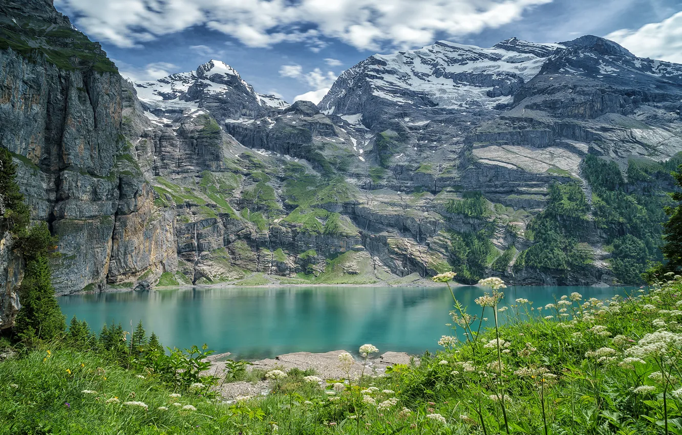 Photo wallpaper mountains, lake, Switzerland, Switzerland, Bernese Alps, The Bernese Alps, lake Asinense, Oeschinen Lake