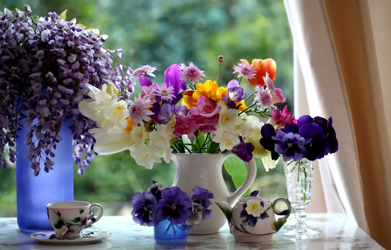 Photo wallpaper GLASS, WINDOW, GLASS, CUP, CERAMICS, BOUQUETS, PITCHER