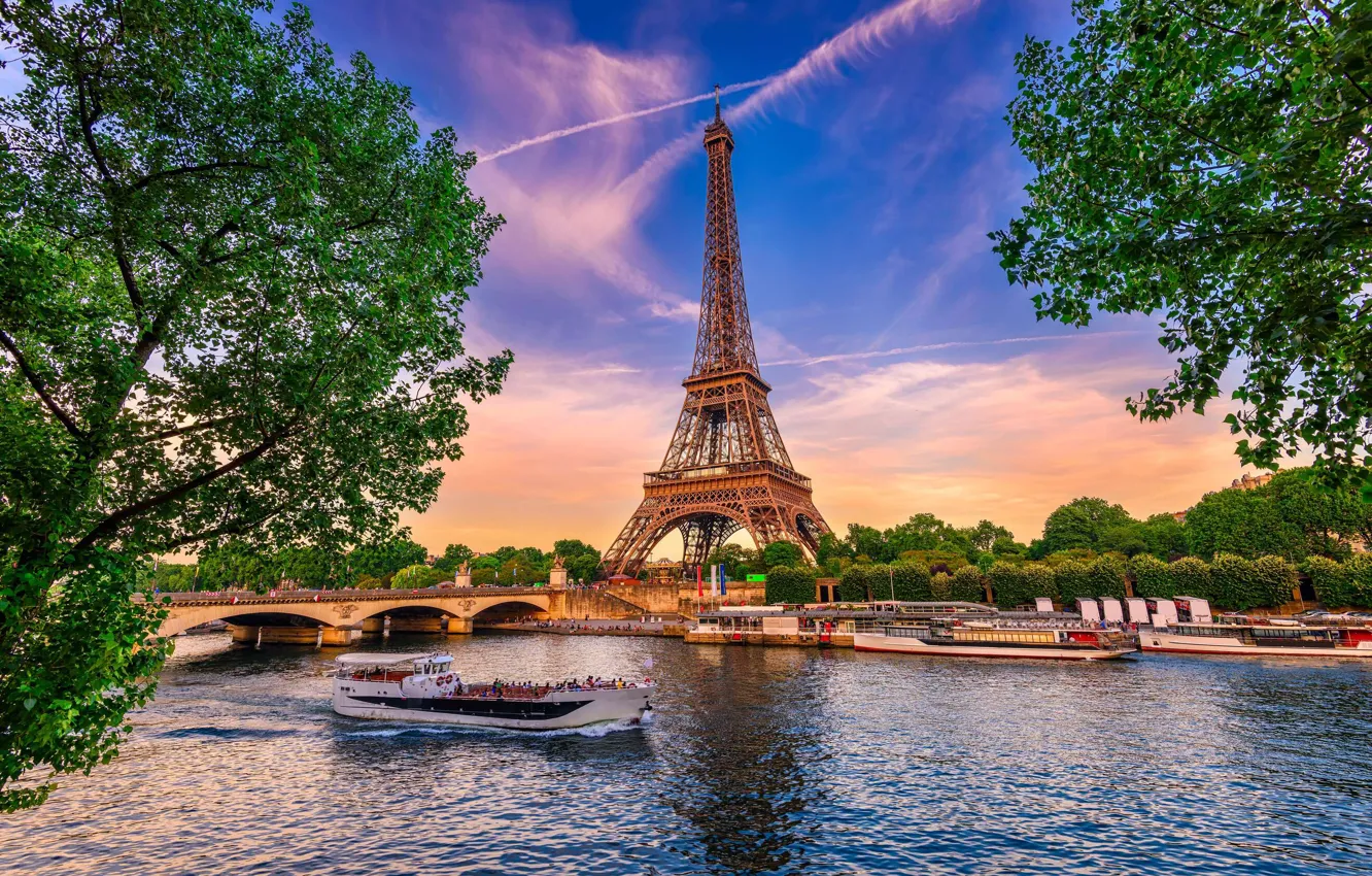 Photo wallpaper trees, bridge, Paris, the river "Seine", Eiffel Bosnia
