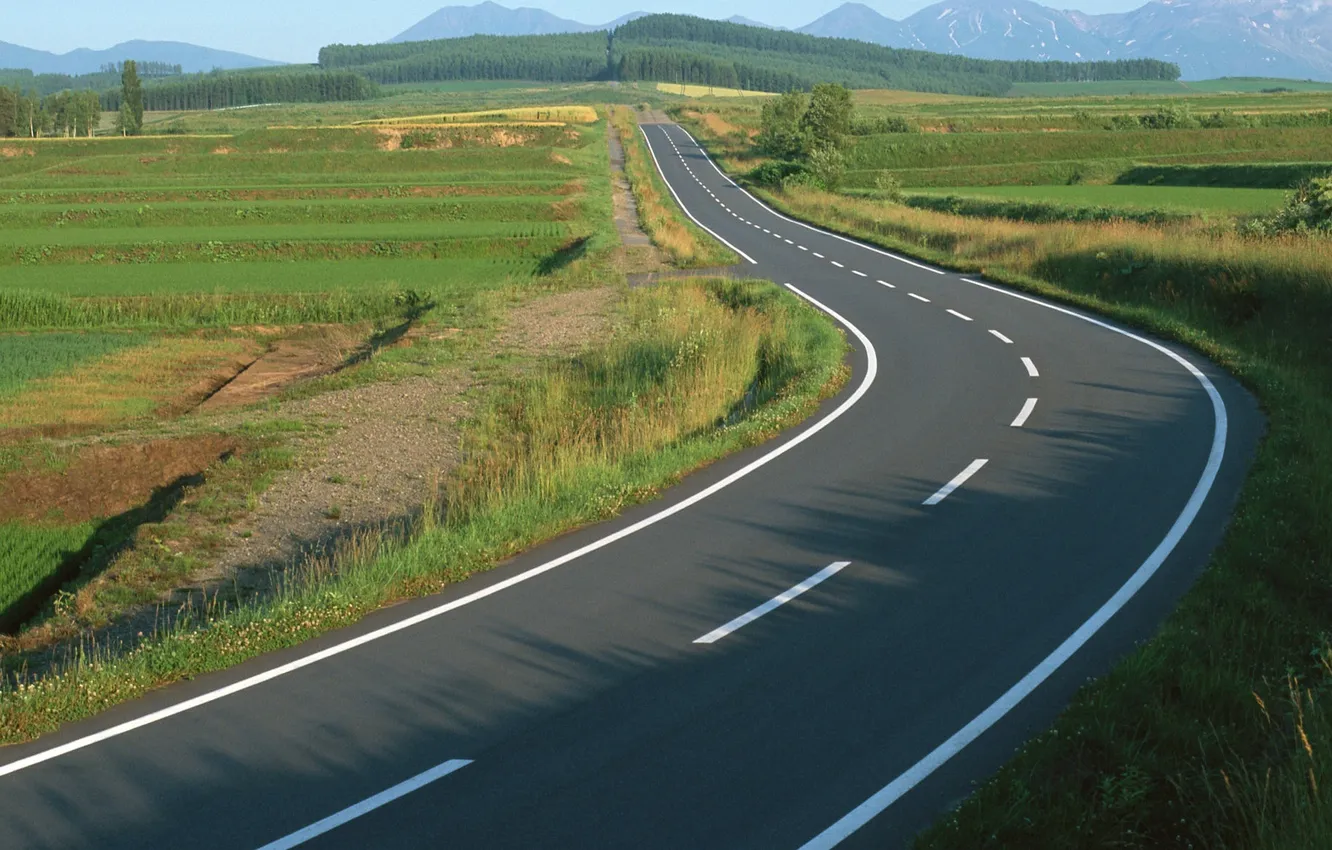 Photo wallpaper road, field, the sky, clouds, landscape, mountains, nature, track