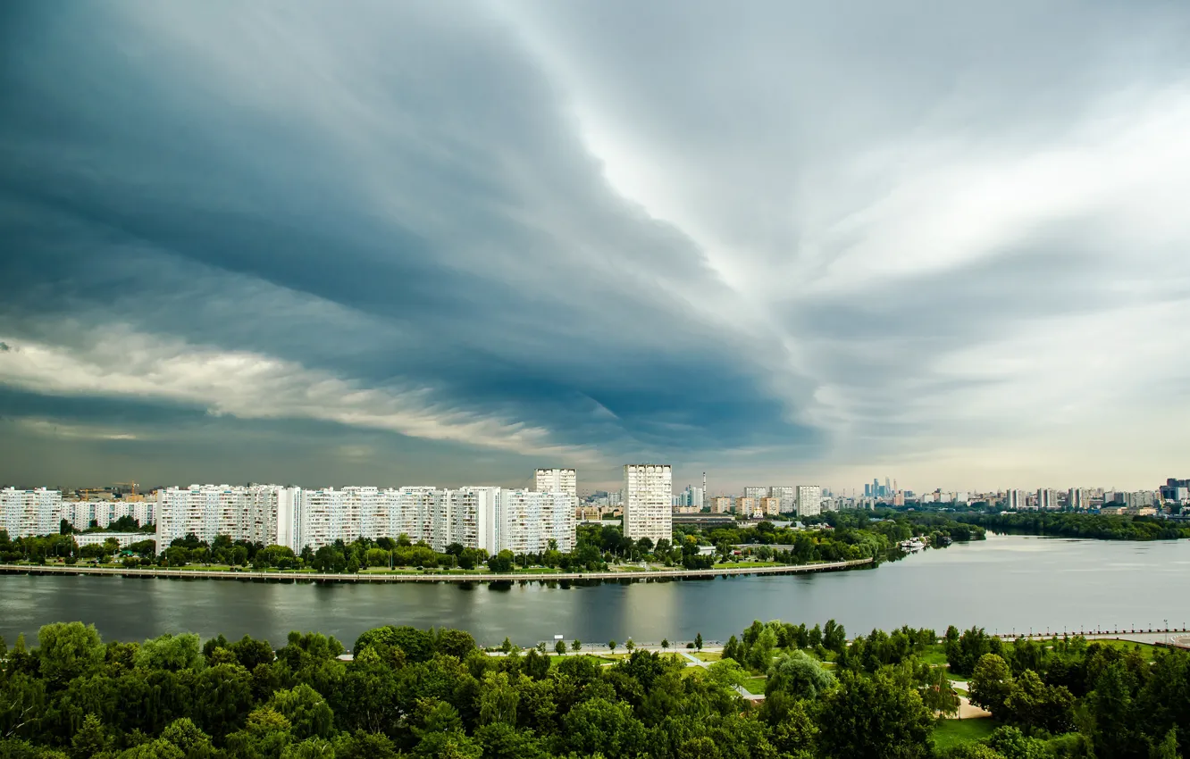 Photo wallpaper the sky, clouds, trees, river, home, Moscow, Russia