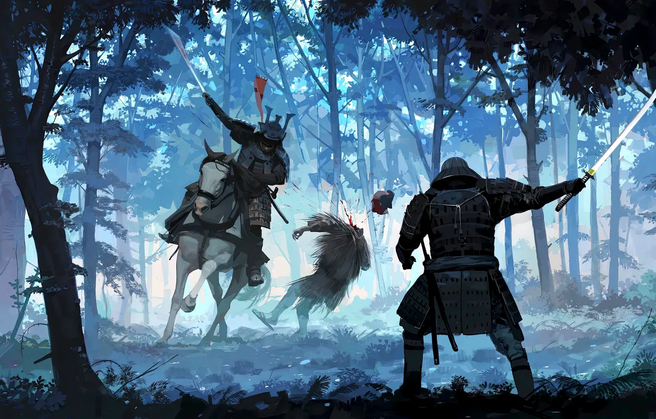 Photo wallpaper sword, blood, fantasy, forest, armor, trees, katana, battle