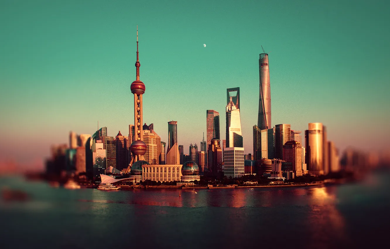 Photo wallpaper river, the moon, China, Shanghai, Oriental Pearl Tower, Shanghai Tower, Shanghai World Financial Center, the …
