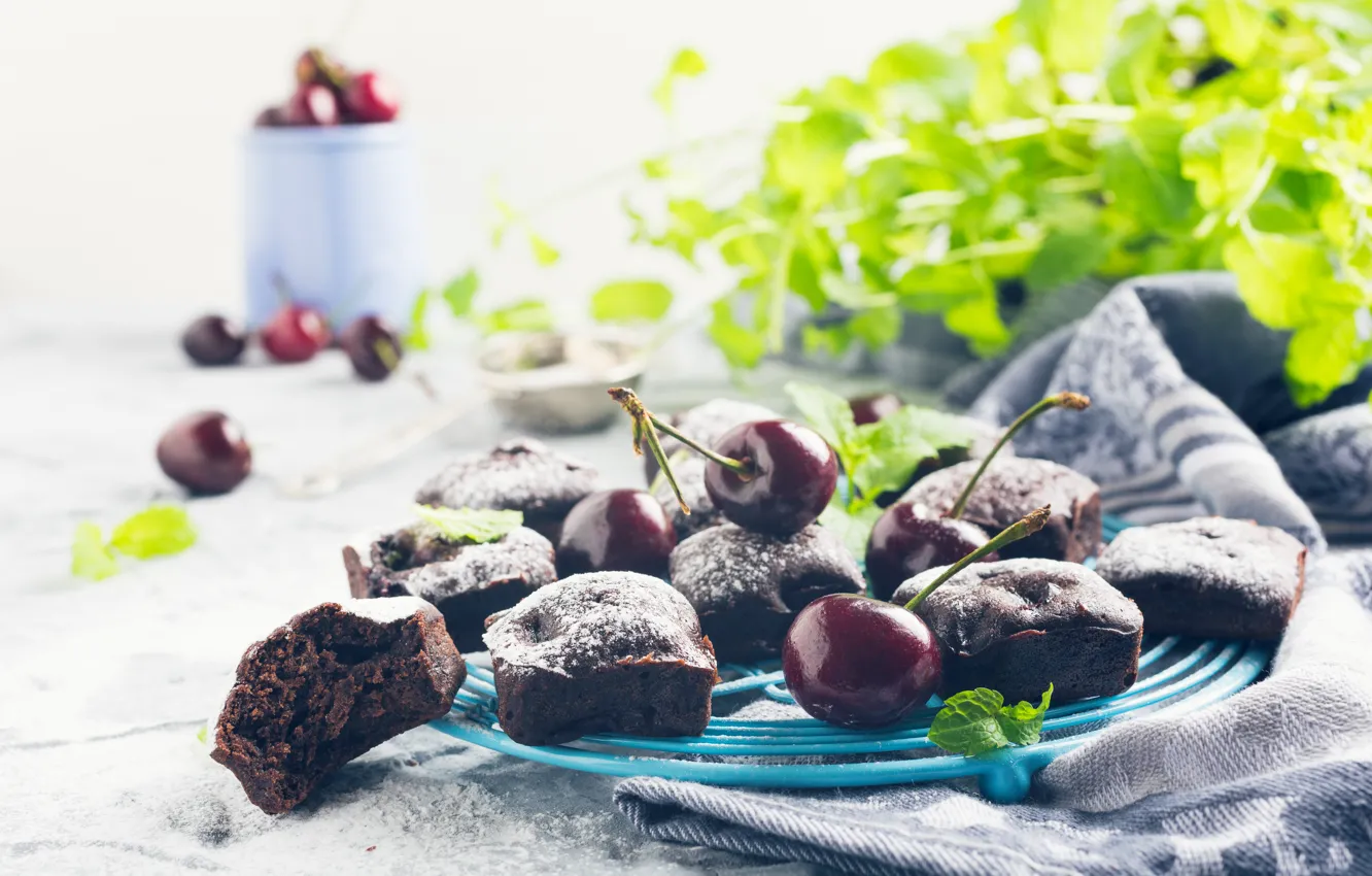 Photo wallpaper cherry, pie, chocolate, powdered sugar, Iryna Melnyk