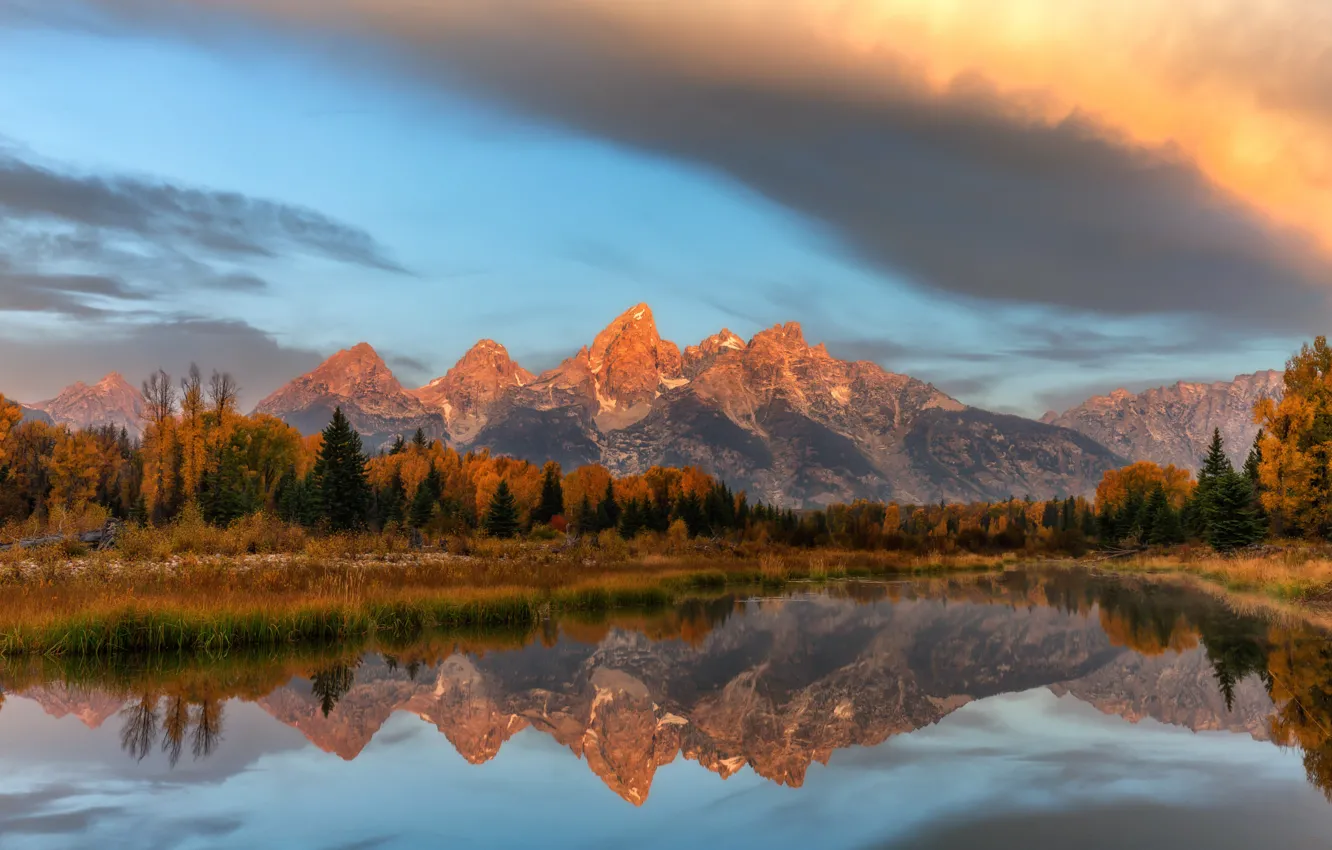 Photo wallpaper autumn, forest, the sky, water, clouds, reflection, mountains, USA