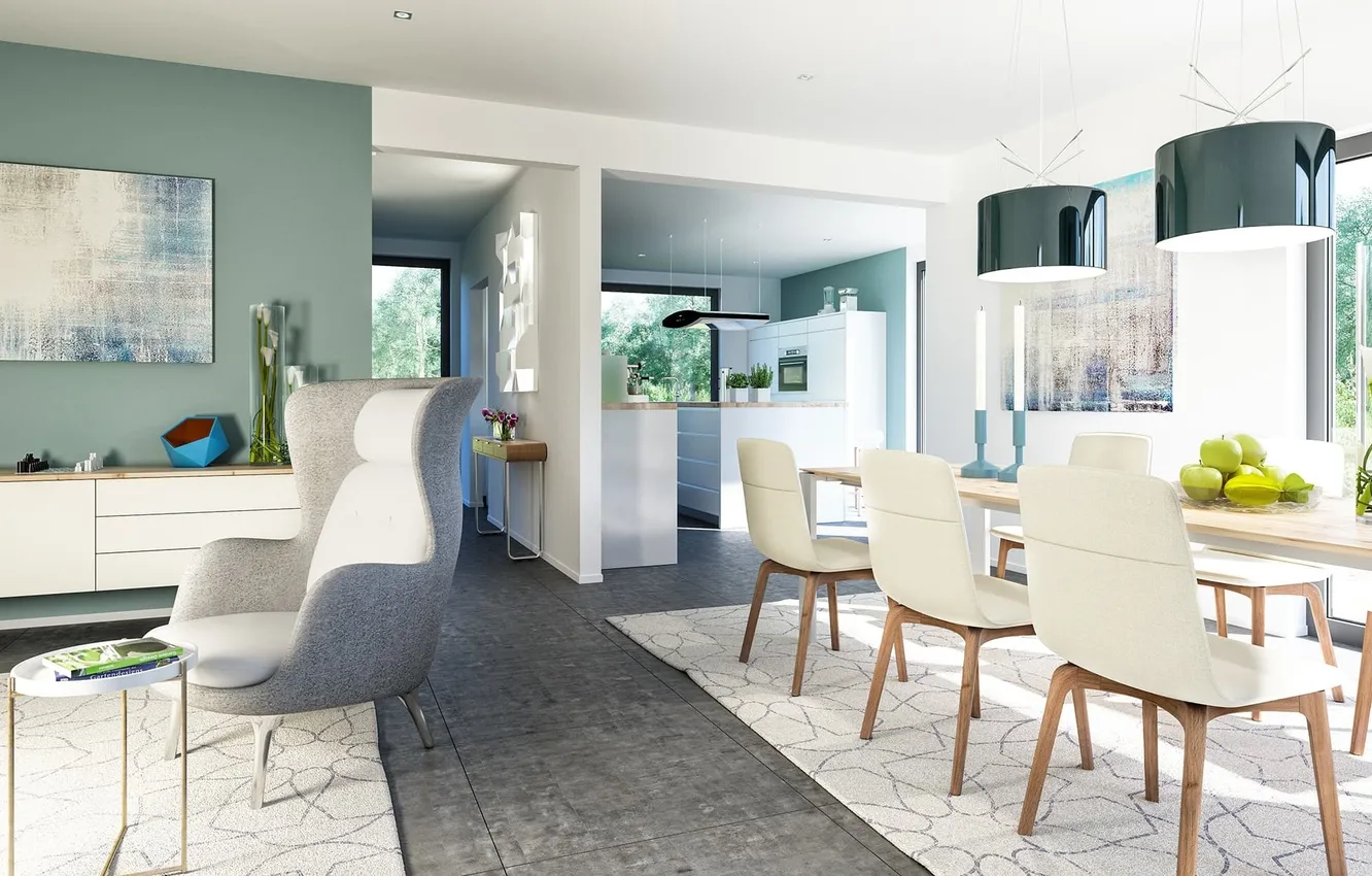 Photo wallpaper design, style, Villa, home, interior, kitchen, living room, dining room