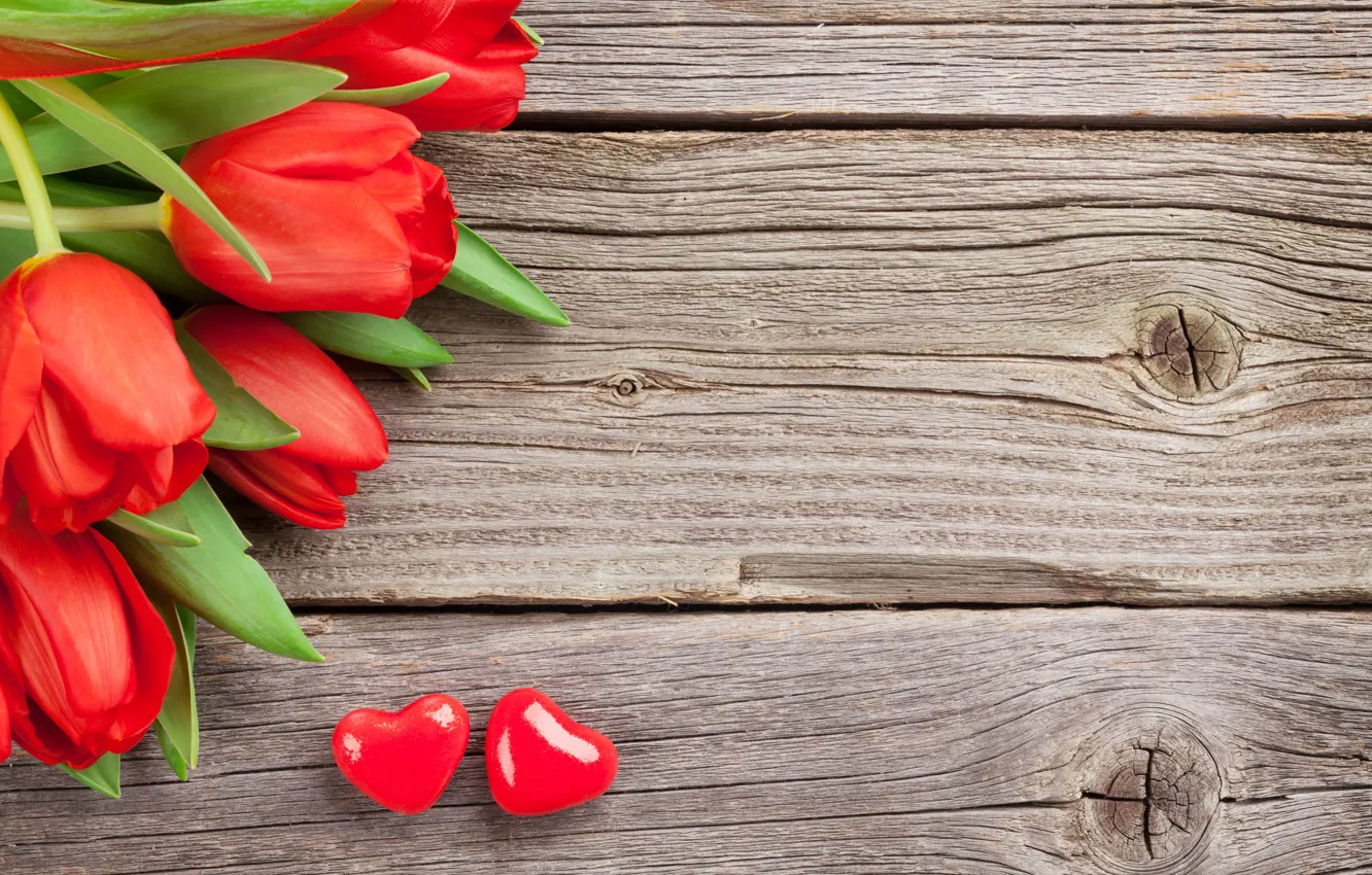 Photo wallpaper love, flowers, bouquet, hearts, tulips, red, love, wood