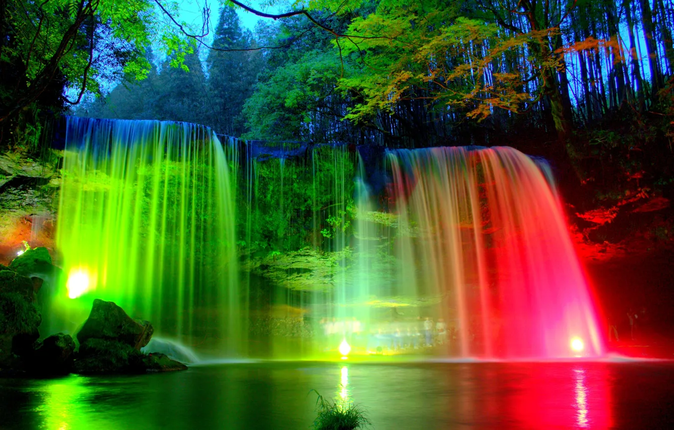 Photo wallpaper trees, lights, Park, stones, colored, waterfall, the evening, backlight