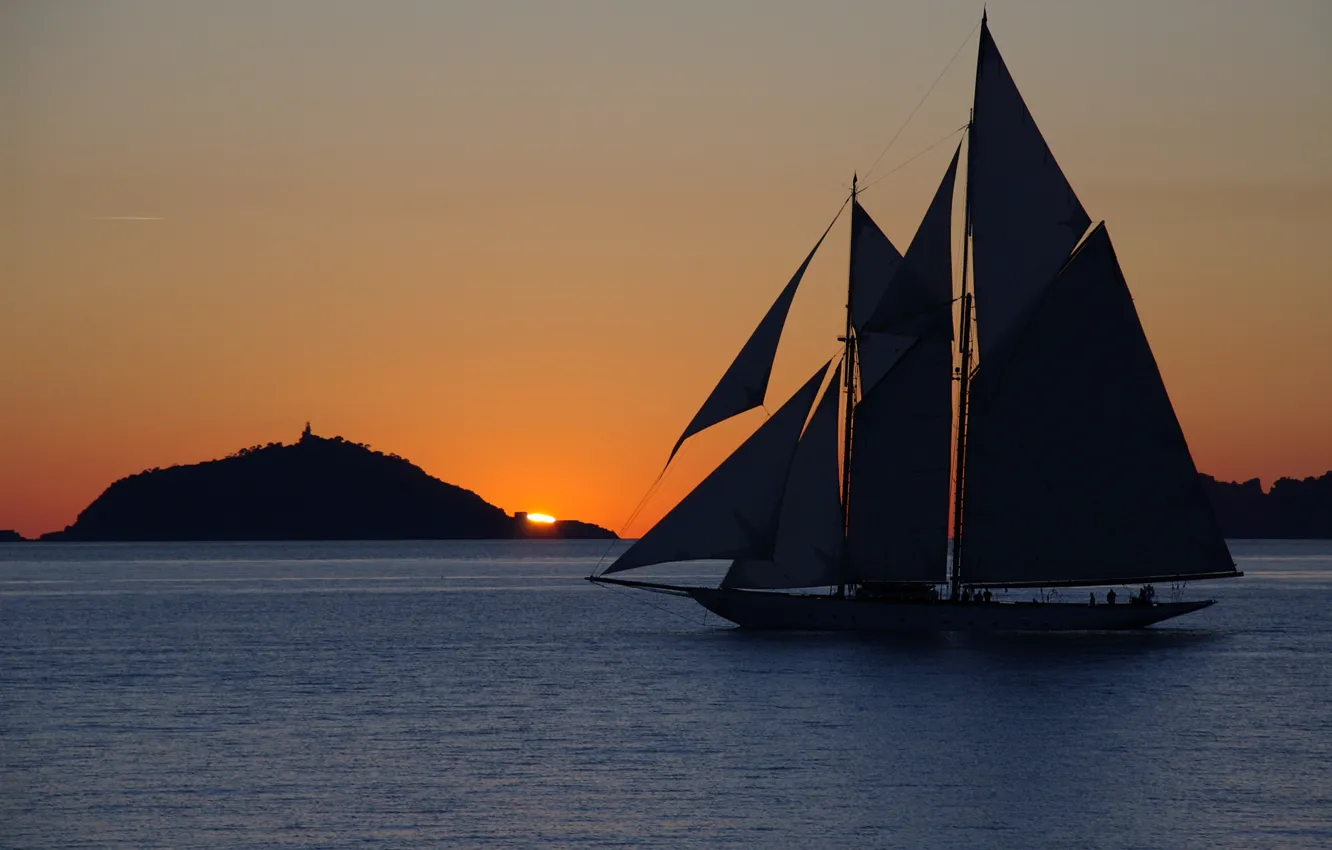 Photo wallpaper sea, sunset, mountain, sailboat, the evening, yacht, yacht, landscape.