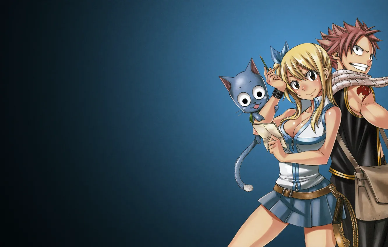 Photo wallpaper anime, art, pair, two, blue background, fairy tail, Natsu, Lucy