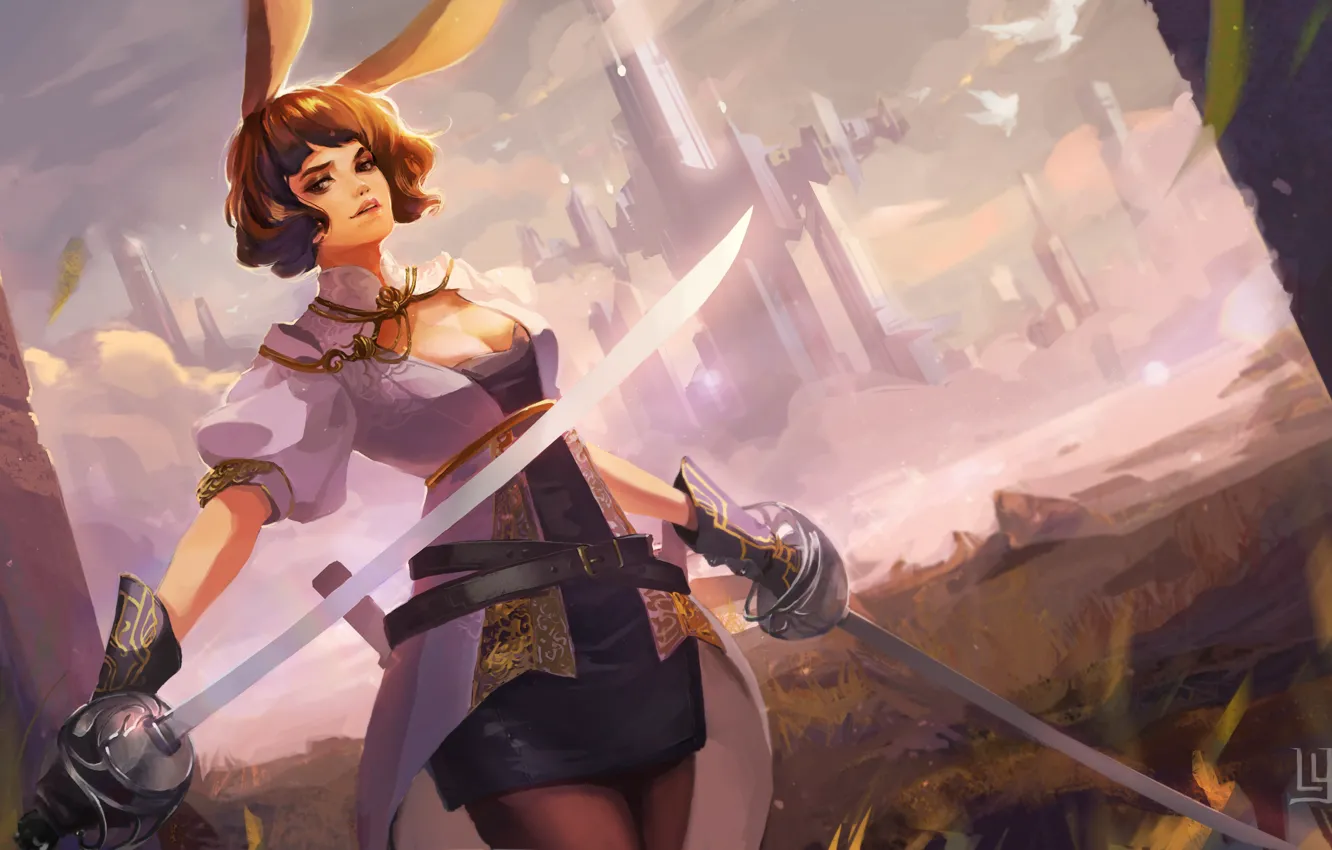 Photo wallpaper girl, the city, weapons, sword, art, ears
