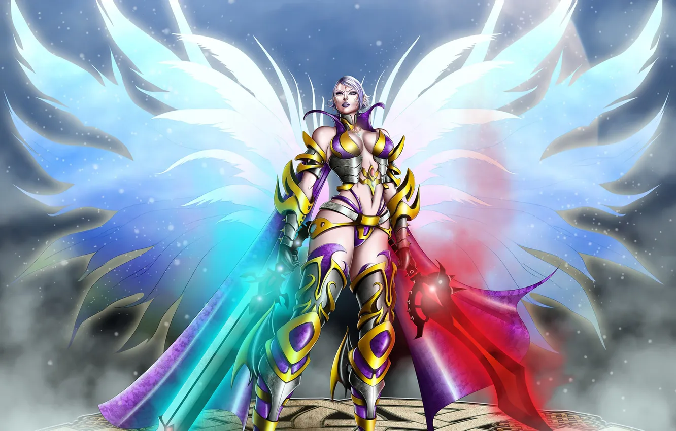 Photo wallpaper girl, stars, planet, wings, sword, armor