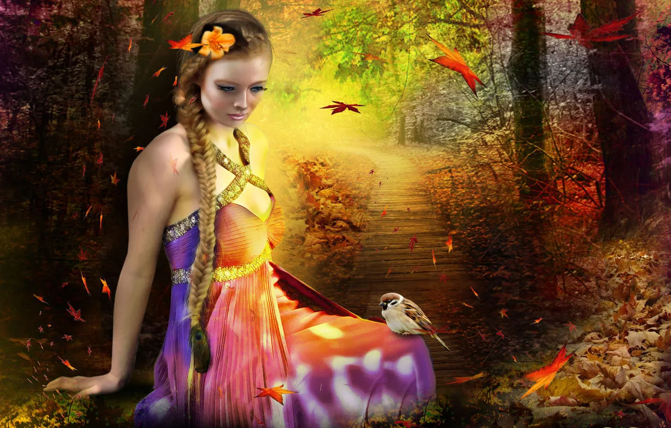 Photo wallpaper autumn, leaves, girl, trees, flowers, birds, eyelashes, fiction