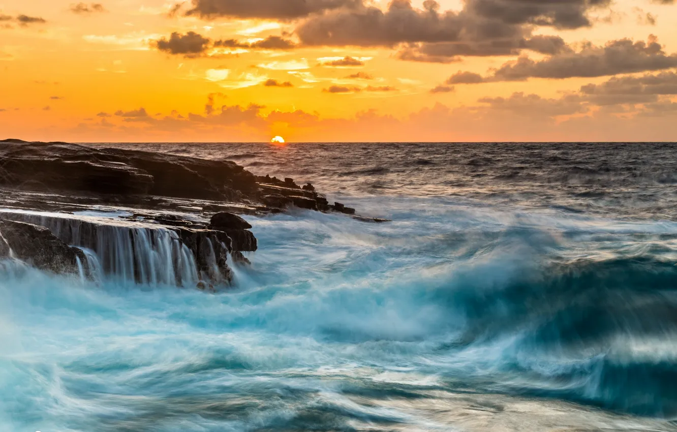 Photo wallpaper sea, wave, sunset