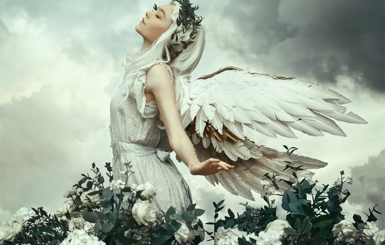 Photo wallpaper the sky, leaves, girl, clouds, flowers, clouds, pose, style