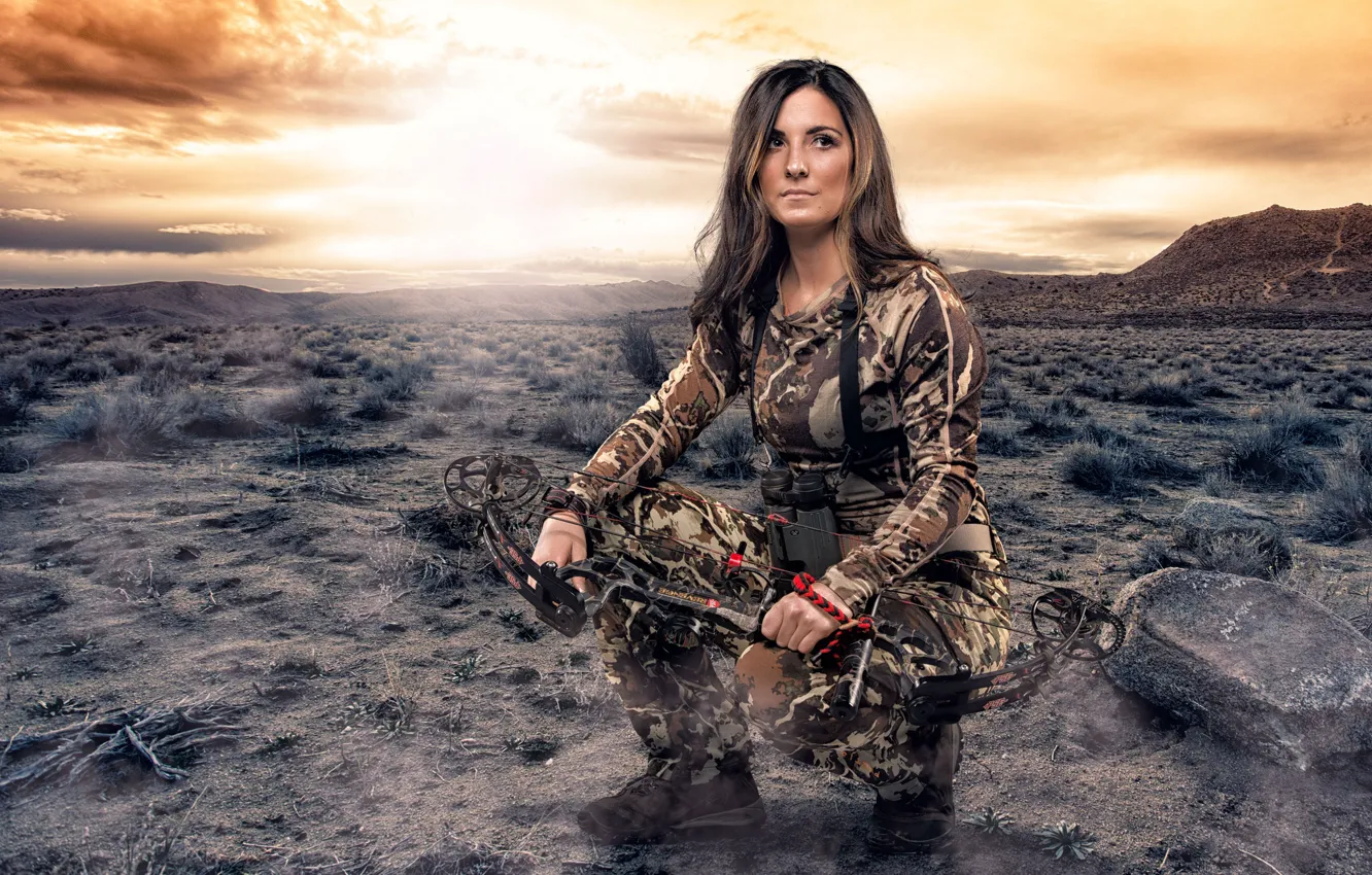 Photo wallpaper girl, bow, hunting, camouflage