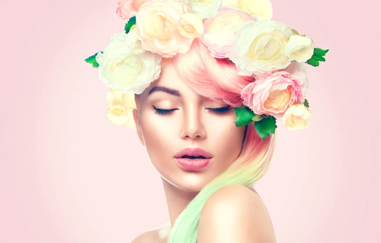 Photo wallpaper girl, face, roses, makeup, hairstyle, wreath, Anna Subbotina