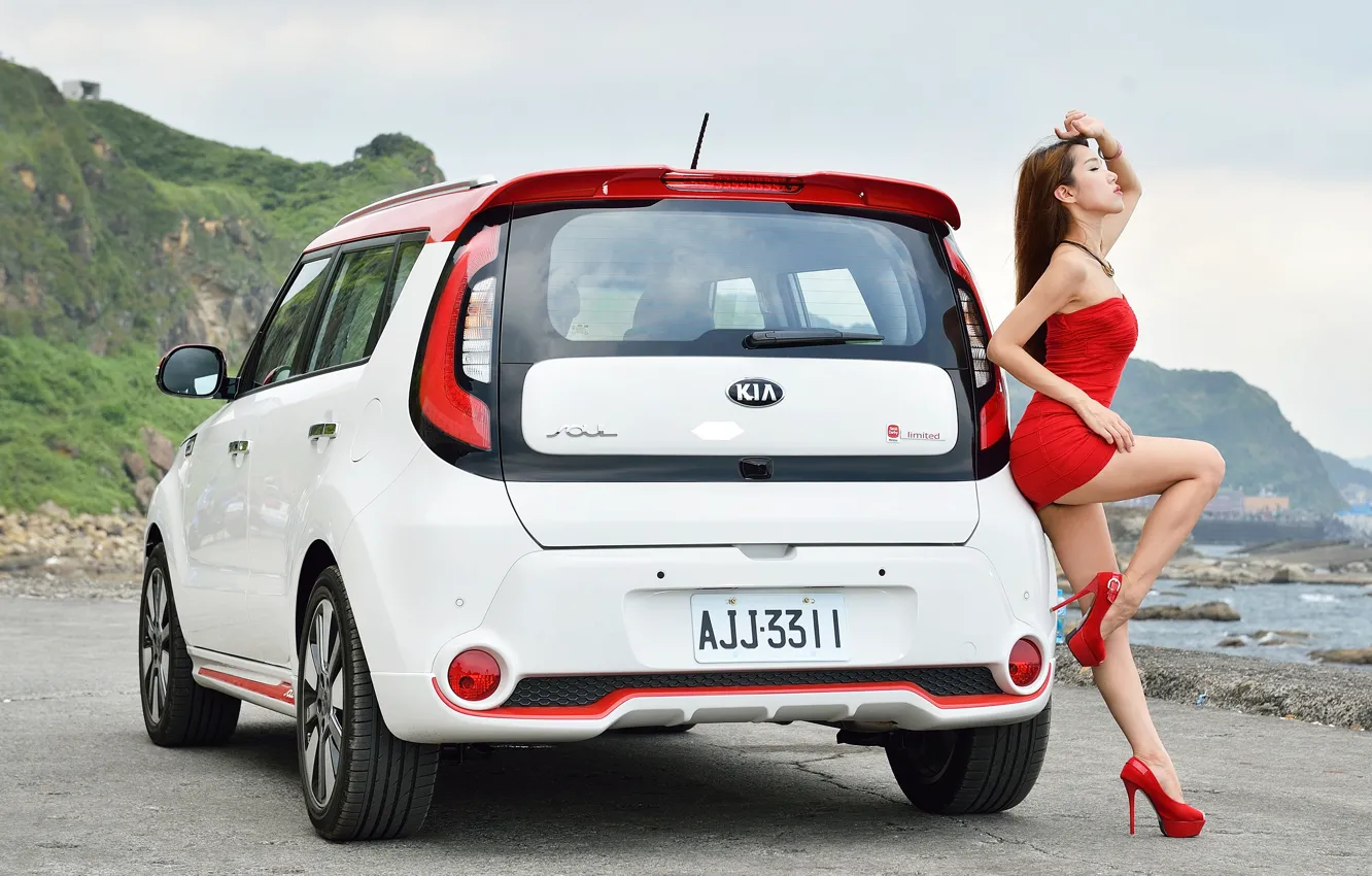 Photo wallpaper Girls, Asian, beautiful girl, white car, beautiful dress, Kia Soul, posing on the car