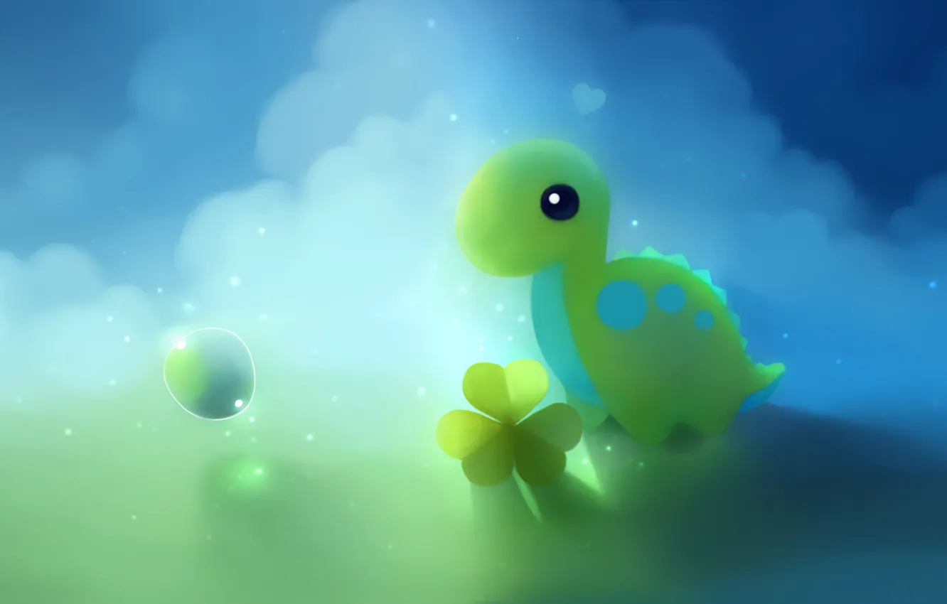 Photo wallpaper clouds, green, bubbles, blue, dinosaur, clover, apofiss