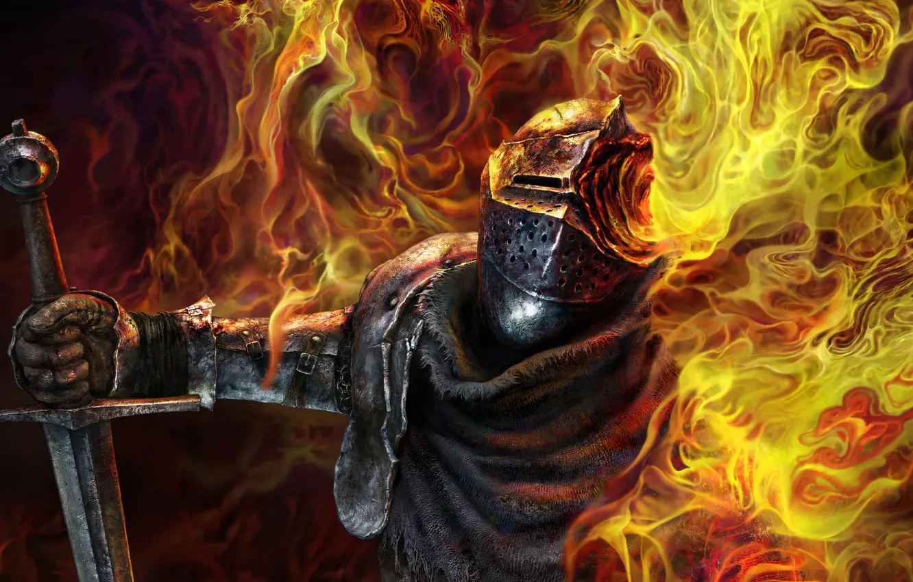 Photo wallpaper lights, flame, sword, armor, knight, Elden Ring