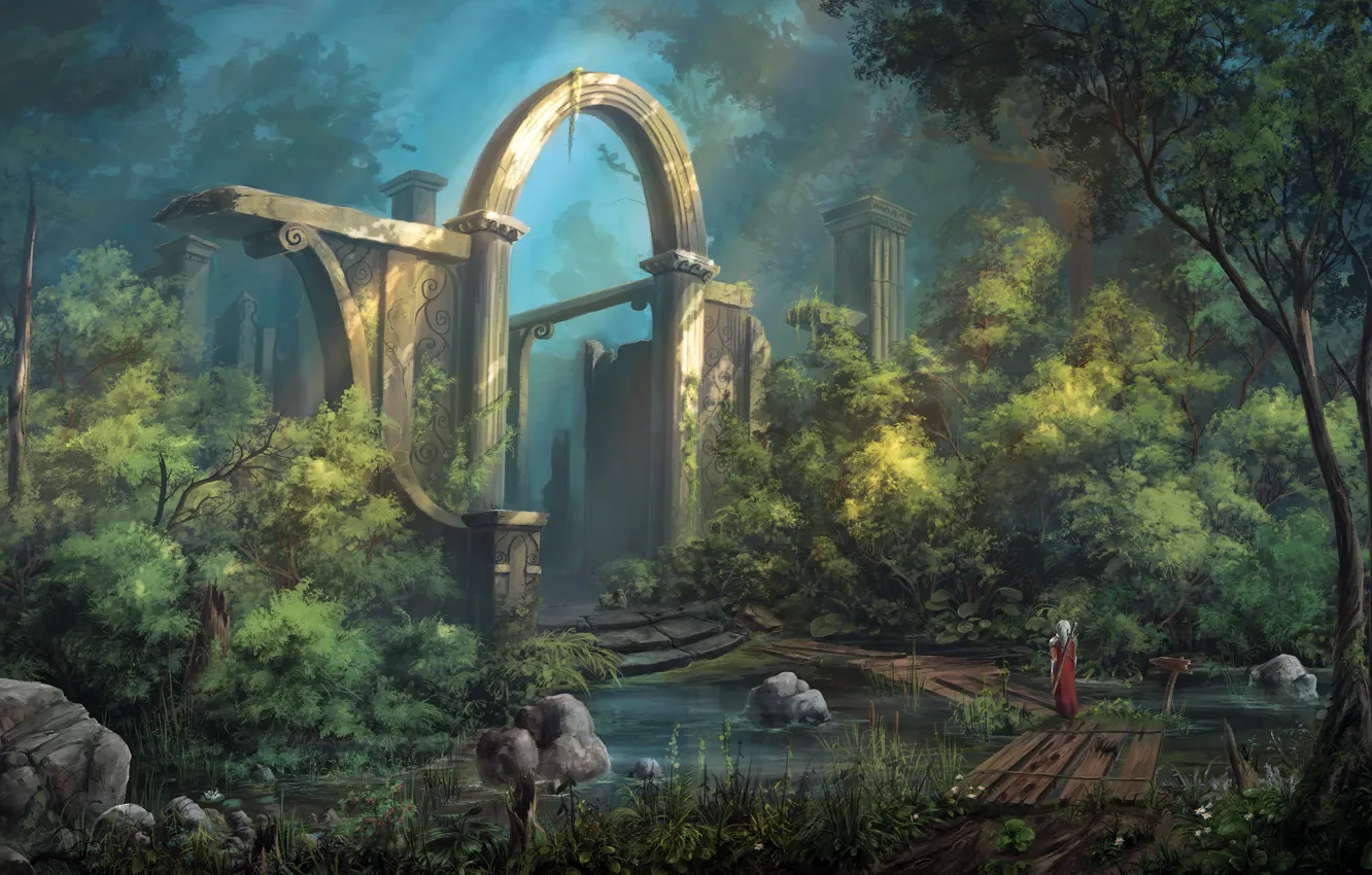 Photo wallpaper sword, fantasy, soldier, trees, landscape, weapon, bridge, ruins