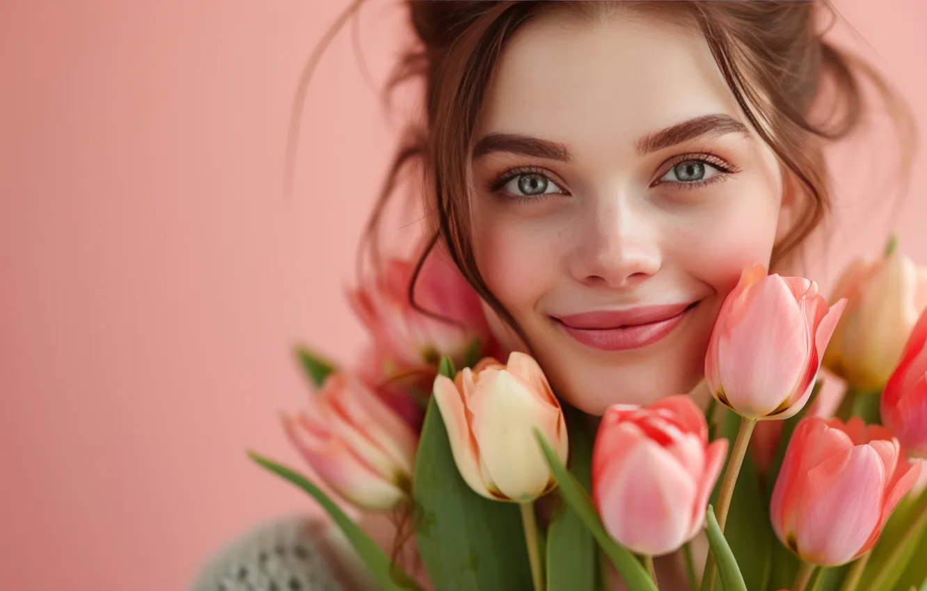 Photo wallpaper look, girl, flowers, face, holiday, portrait, bouquet, spring