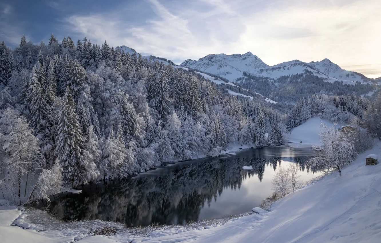 Photo wallpaper winter, frost, forest, the sky, clouds, snow, mountains, lake