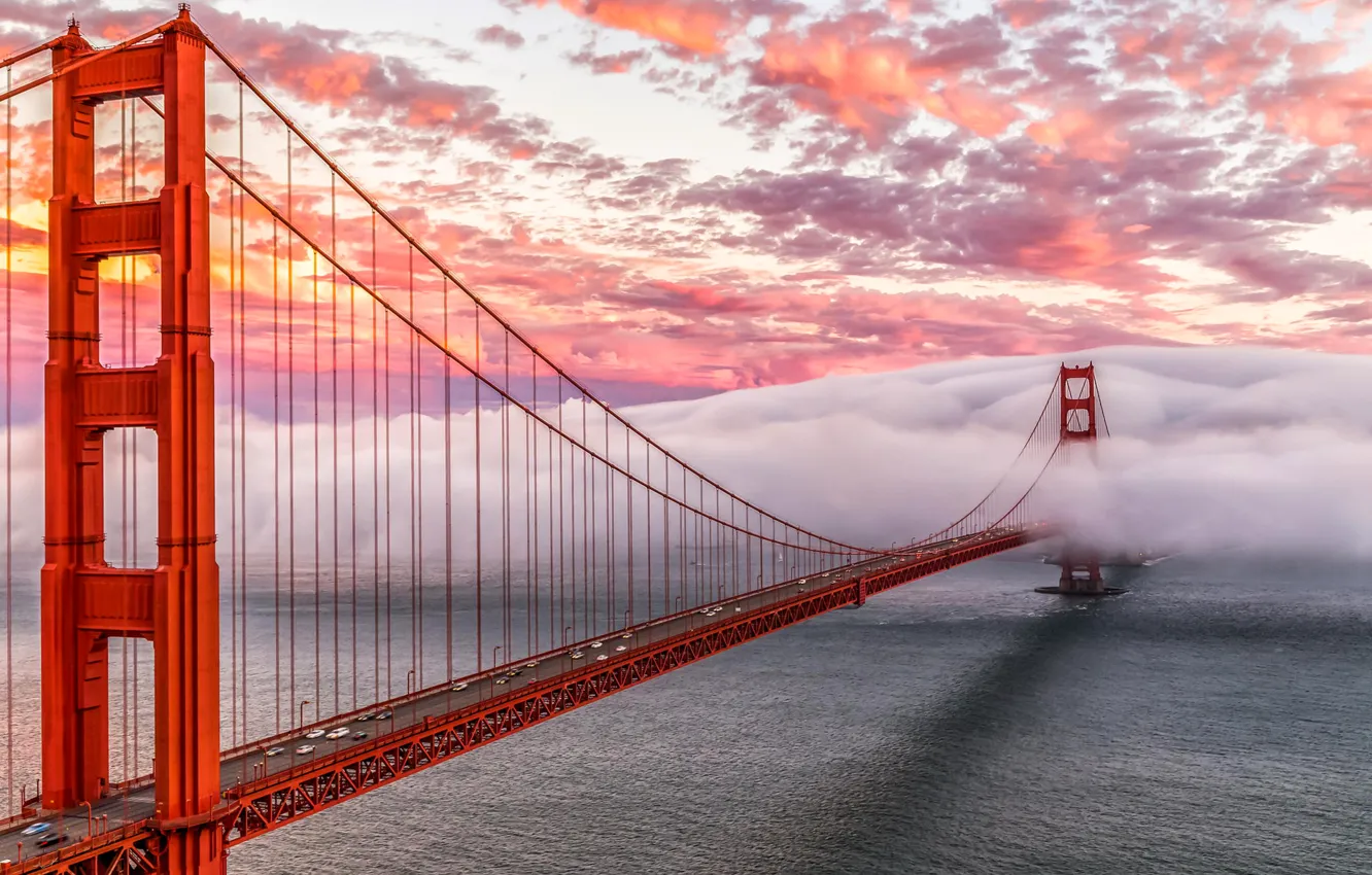 Photo wallpaper the sky, clouds, bridge, fog, Bay, San Francisco, Golden Gate, Golden Gate