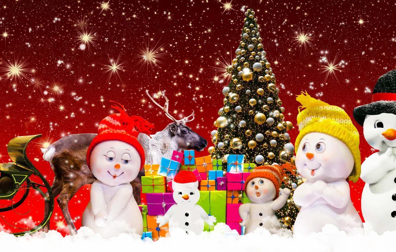 Photo wallpaper holiday, new year, Christmas, snowman, Christmas tree