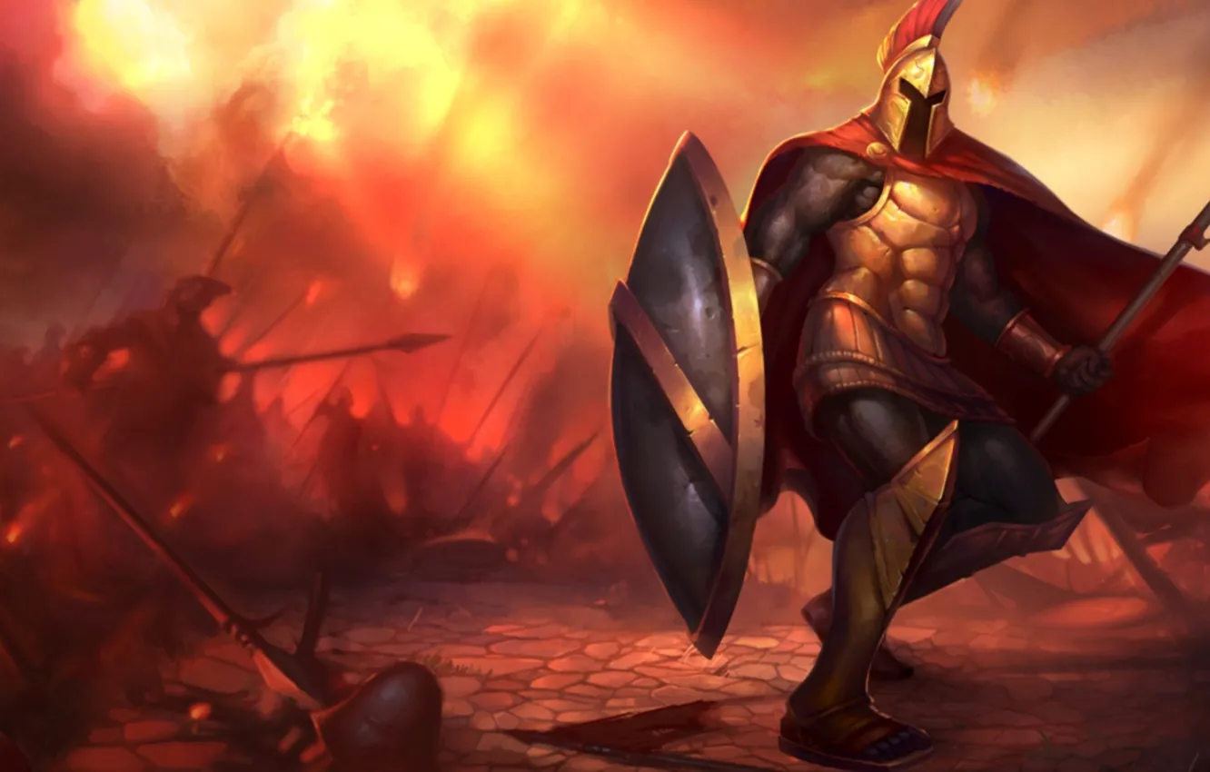 Photo wallpaper Spartan, shield, warrior, pearls, spear, Pantheon League of Legends