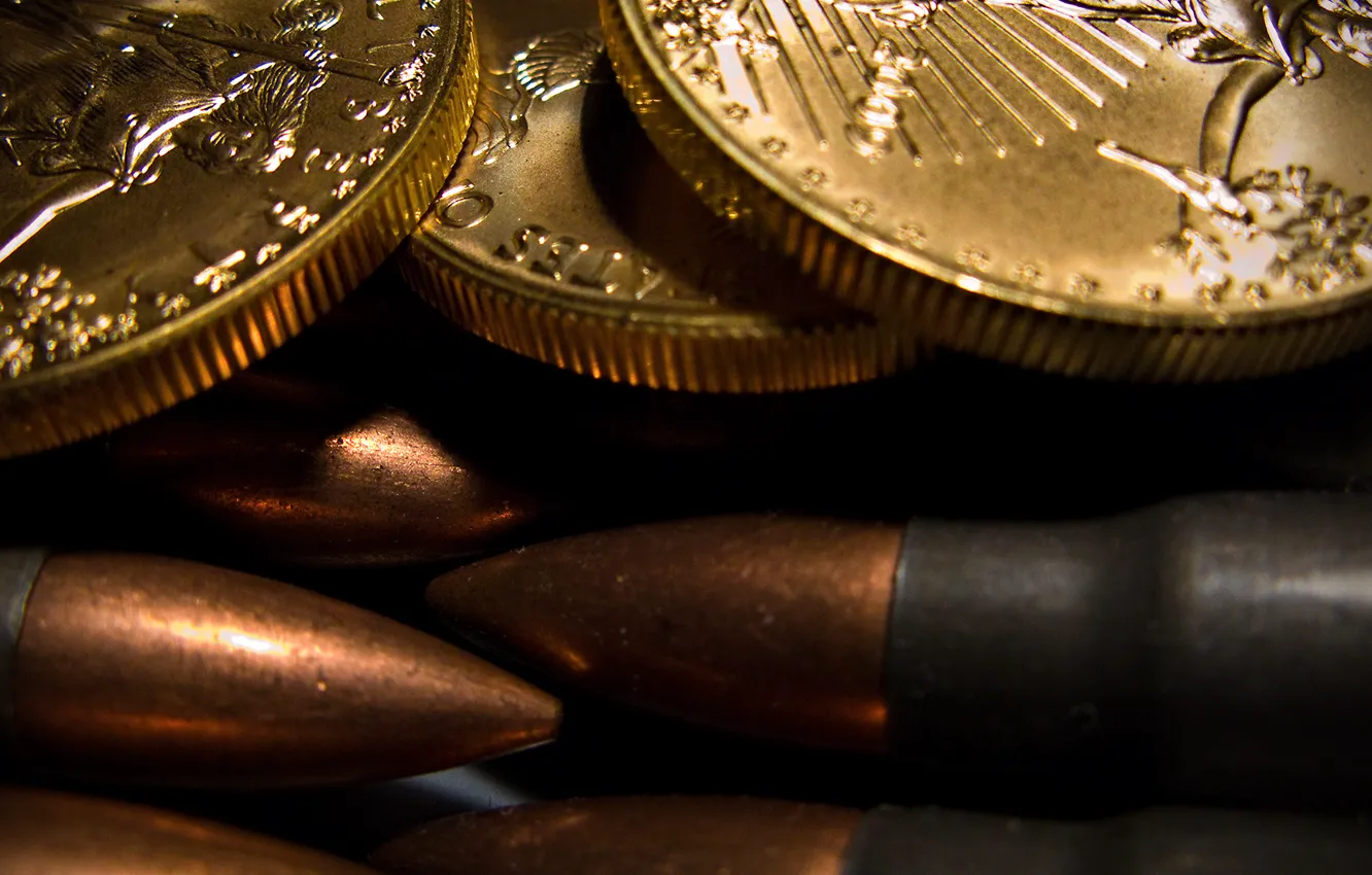 Photo wallpaper macro, bullets, coins, cartridges