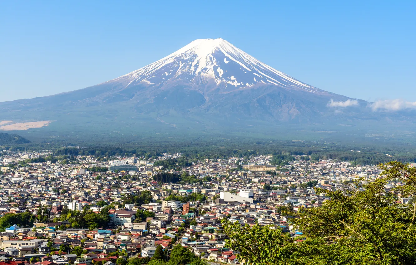 Photo wallpaper landscape, mountains, the city, Japan, Fuji