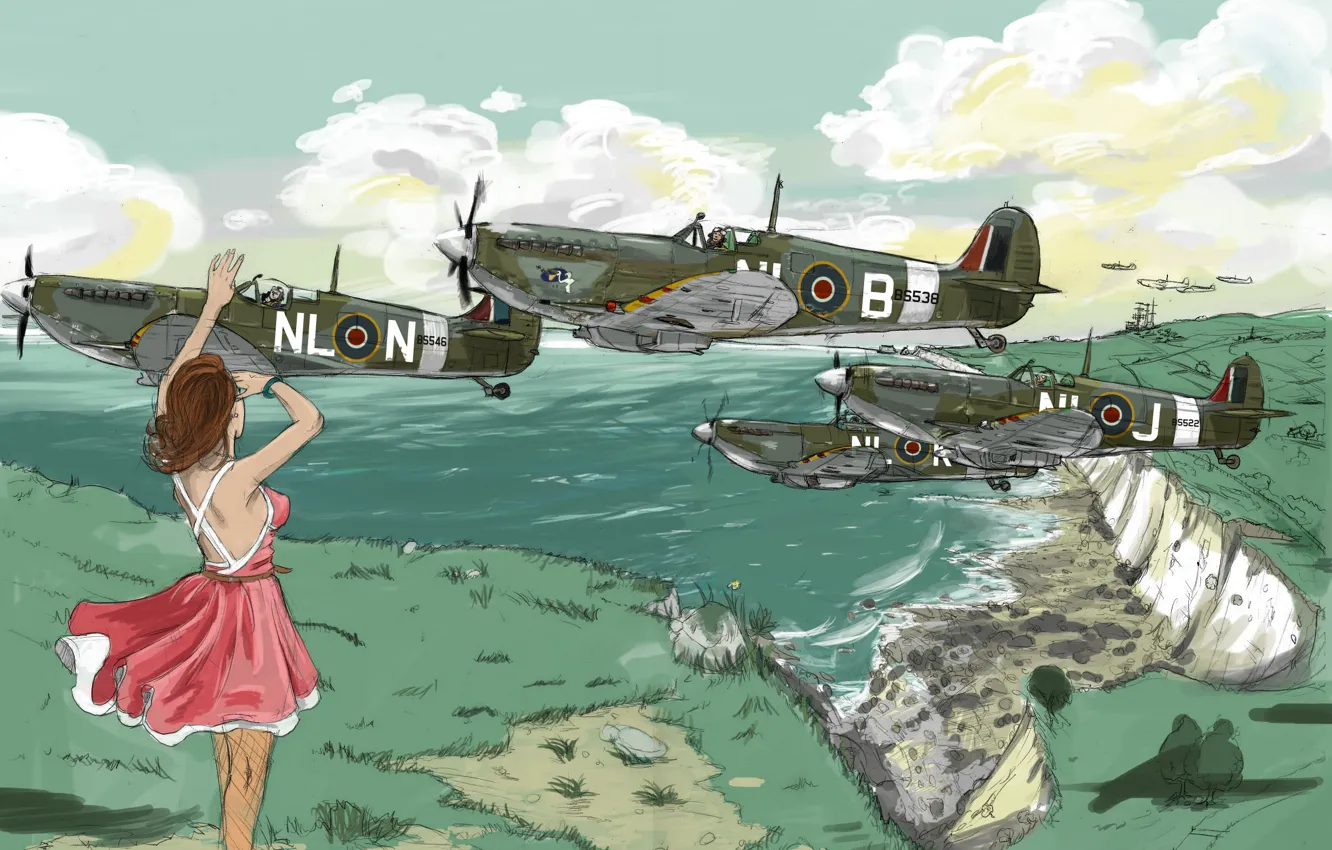 Photo wallpaper Girl, aircraft, Supermarine Spitfire, WW2, Albion