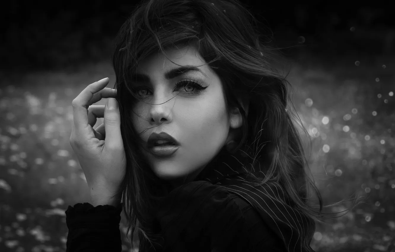 Photo wallpaper eyes, girl, portrait, hands, brunette, lips, Black and white, Topaz Arbell