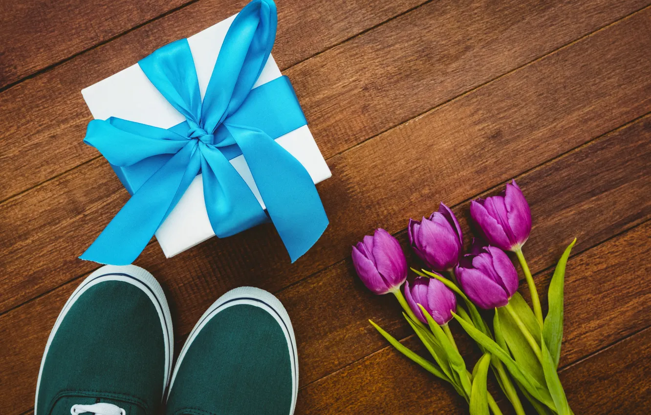 Photo wallpaper flowers, gift, sneakers, bouquet, tape, tulips, wood, flowers