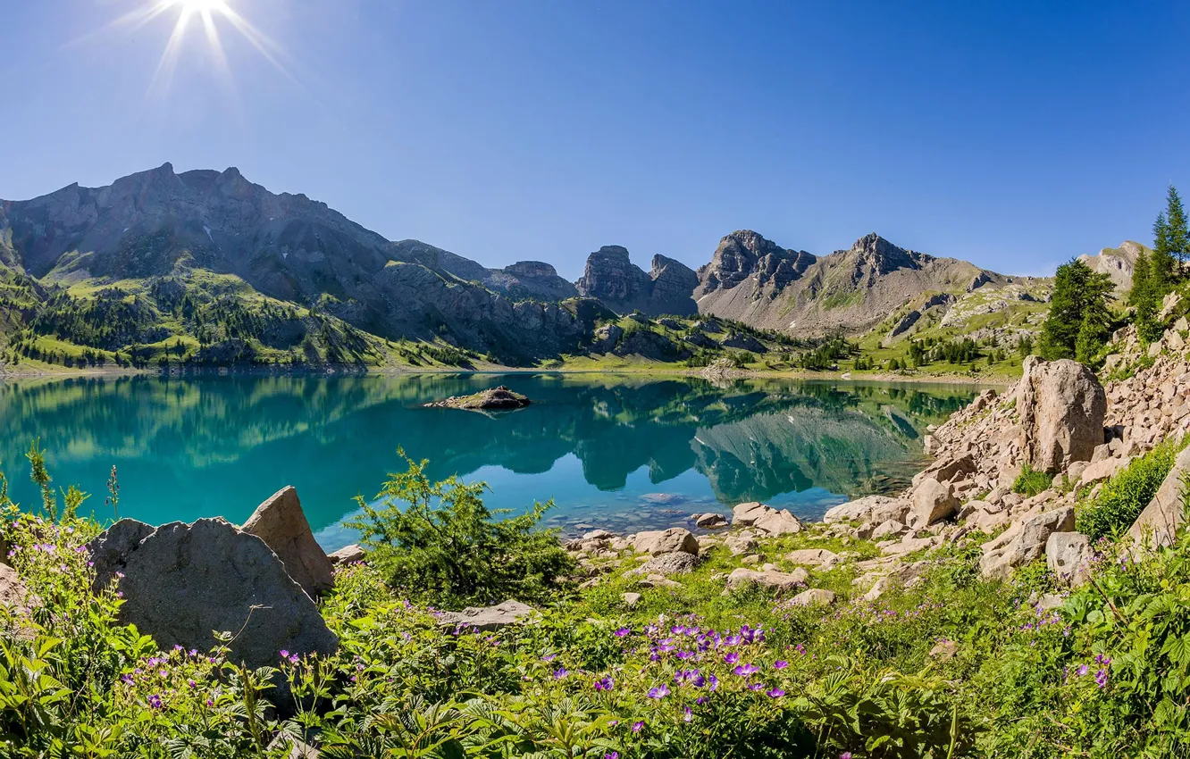 Photo wallpaper summer, mountains, lake, France, Alps, the Lake of Allos