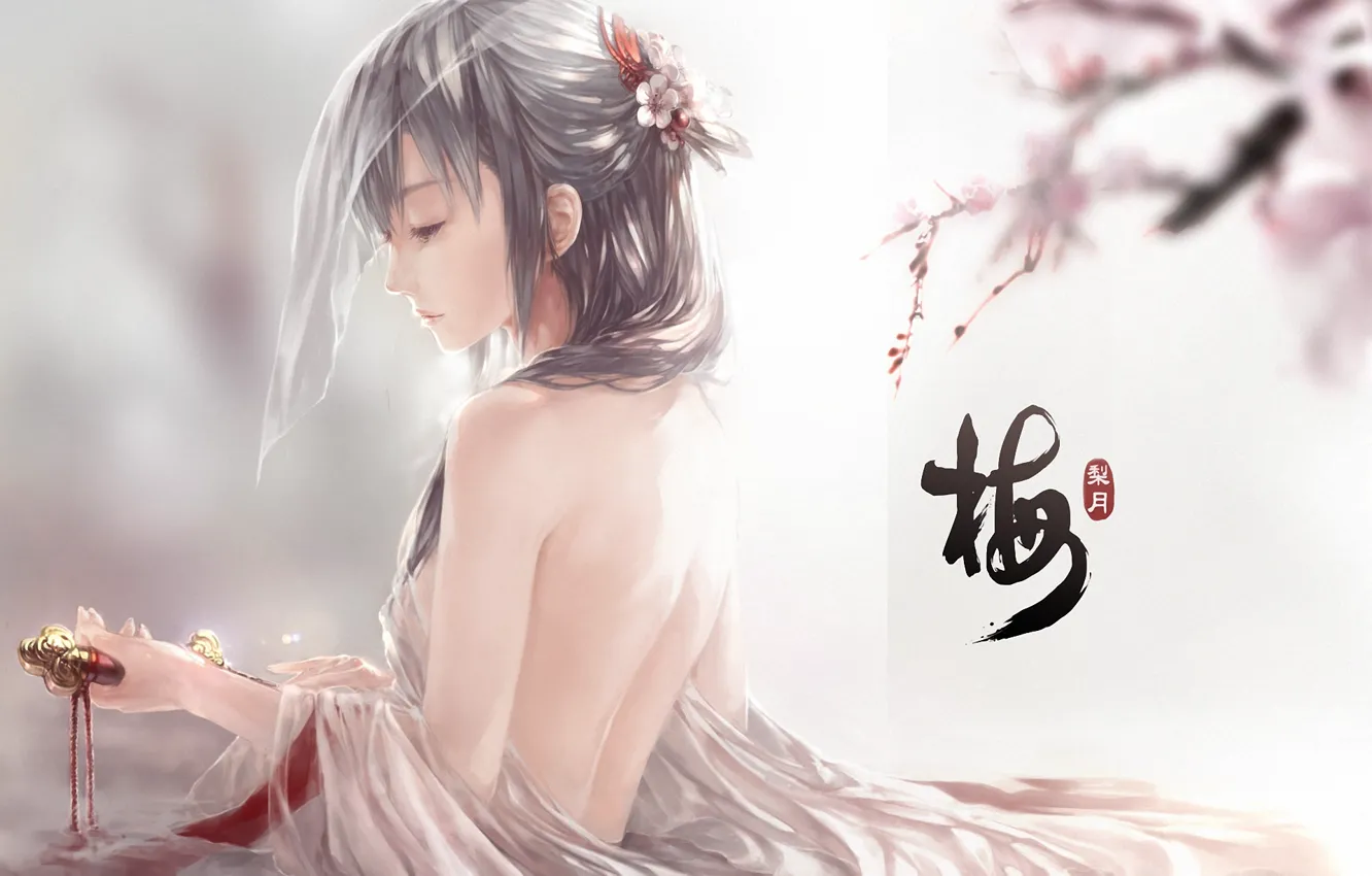 Photo wallpaper water, girl, petals, Sakura, art, characters, dagger