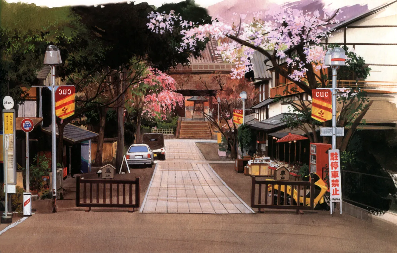 Photo wallpaper trees, machine, street, home, fence, Japan, lights, ladder
