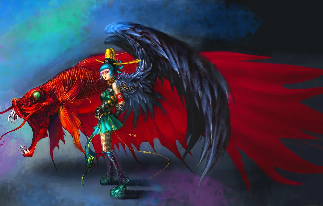 Photo wallpaper girl, fish, fiction, surrealism, wings, art, cock