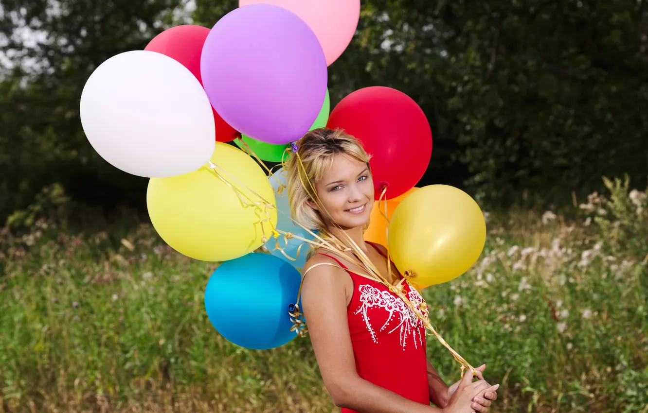 Photo wallpaper girl, nature, balloons, dress